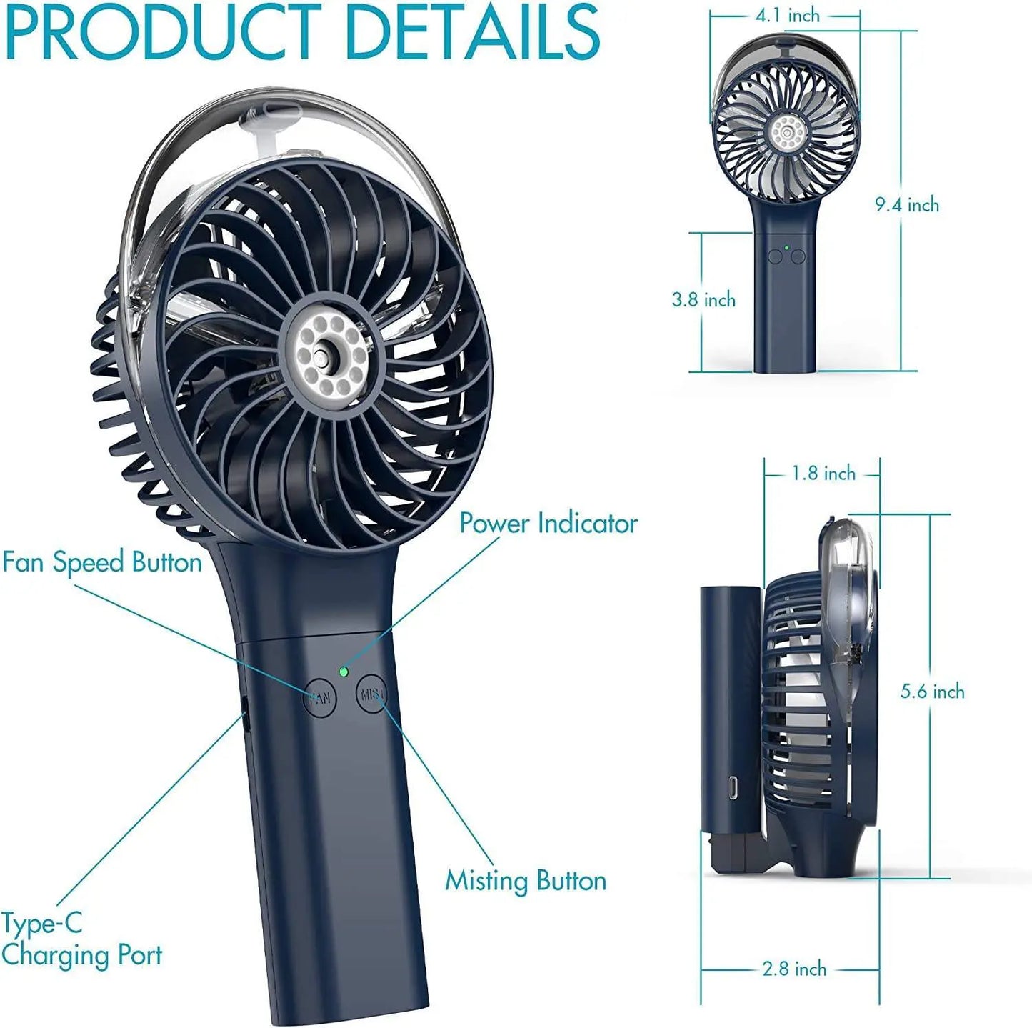 3000mAh Battery Electric USB Mini Cooling Fans Portable Handheld Misting Mist Rechargeable Fan Aerofrost